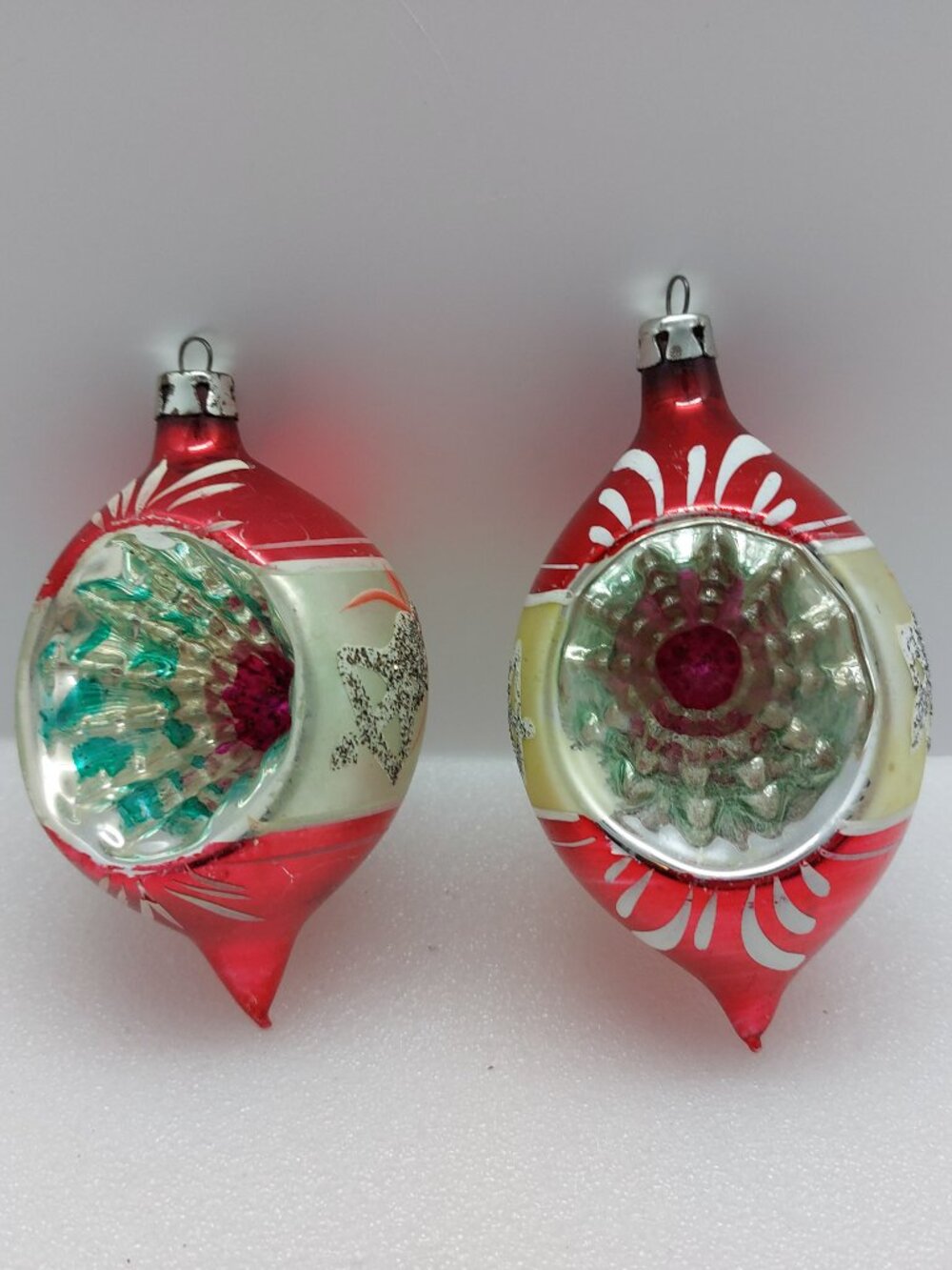2 Vintage Poland Glass Christmas Tree Ornaments 4" Teardrop Indent